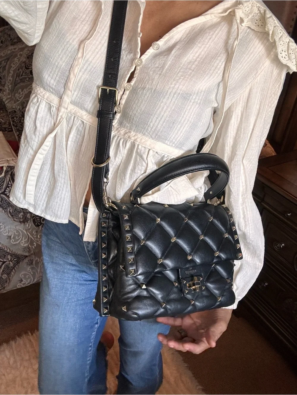 Valentino Garavani Black Quilted Leather Satchel with Gold Studs
